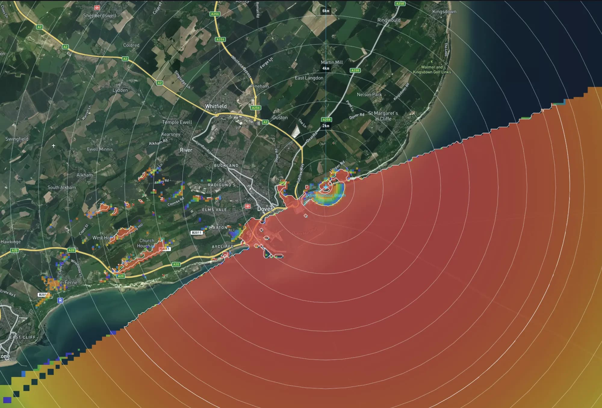 Detection probability over the Dover Strait from a 25 m coastal radar site, computed in Axiorad
