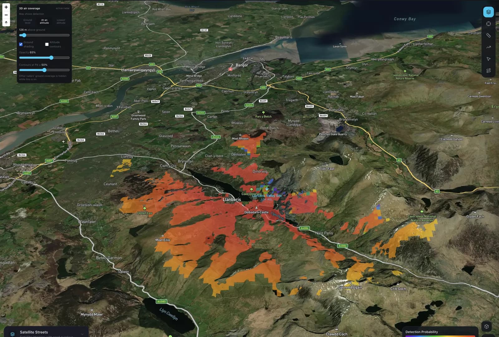 Tilted 3D terrain of the Llanberis Pass with drone detection probability shaded at 126 metres above ground