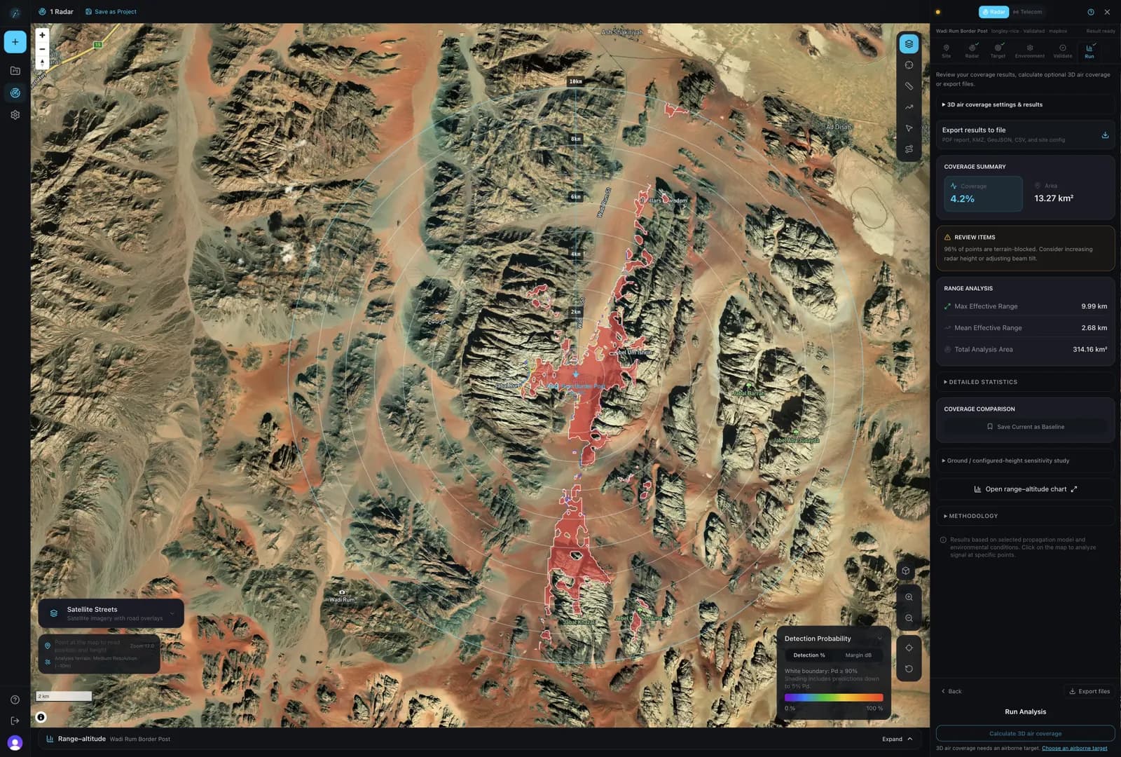 Axiorad workspace showing ground radar coverage along a desert wadi in Wadi Rum, with the run results panel open