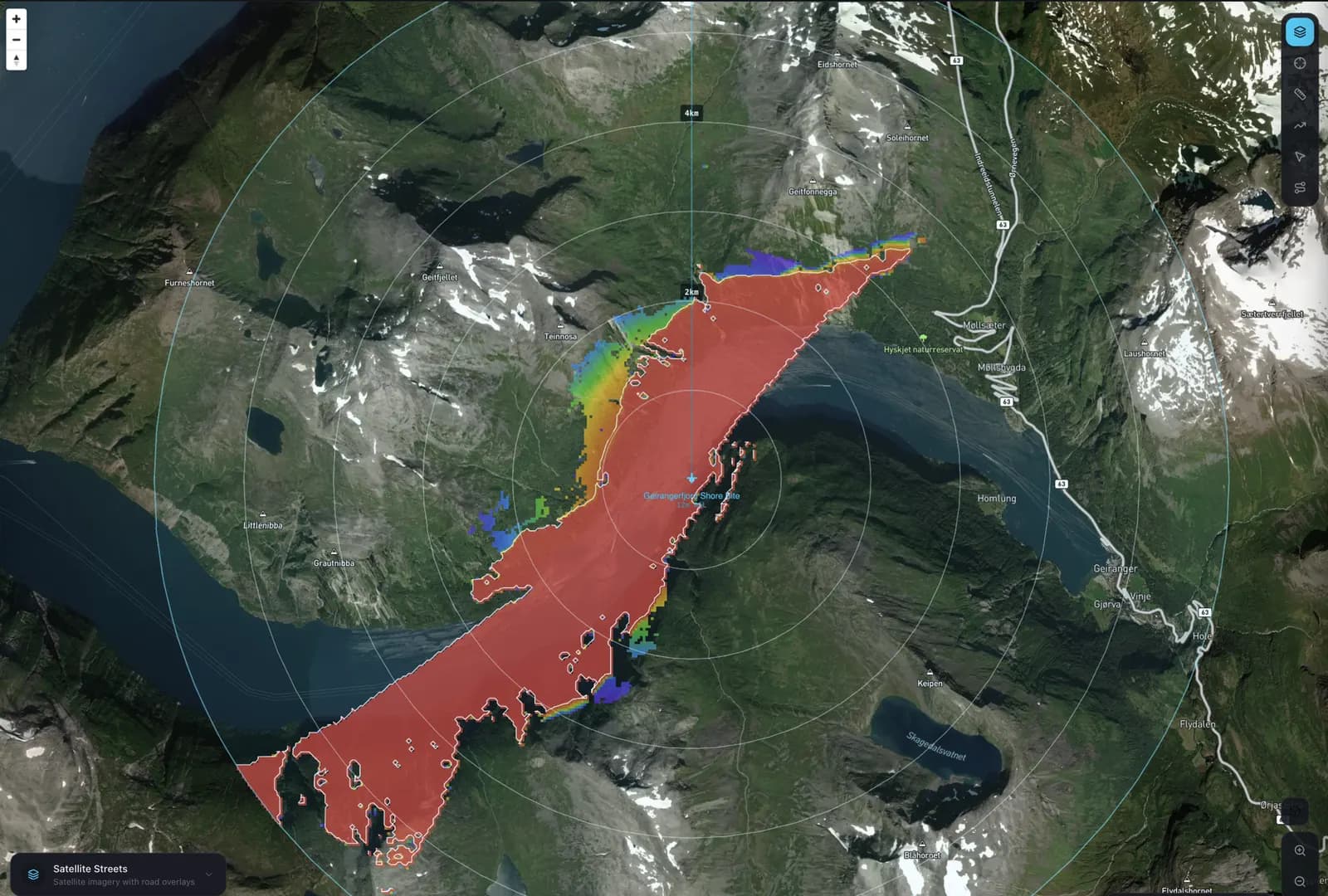 Radar coverage confined to the water of Geirangerfjord between steep mountain walls